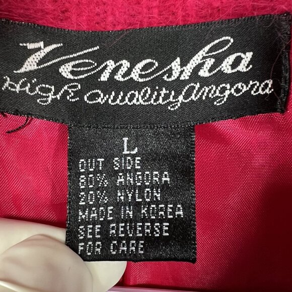 Vintage VENESHA Womens L 80% Angora Fuzzy Fuchsia Zip Sweater Jacket Old Money - Picture 14 of 16
